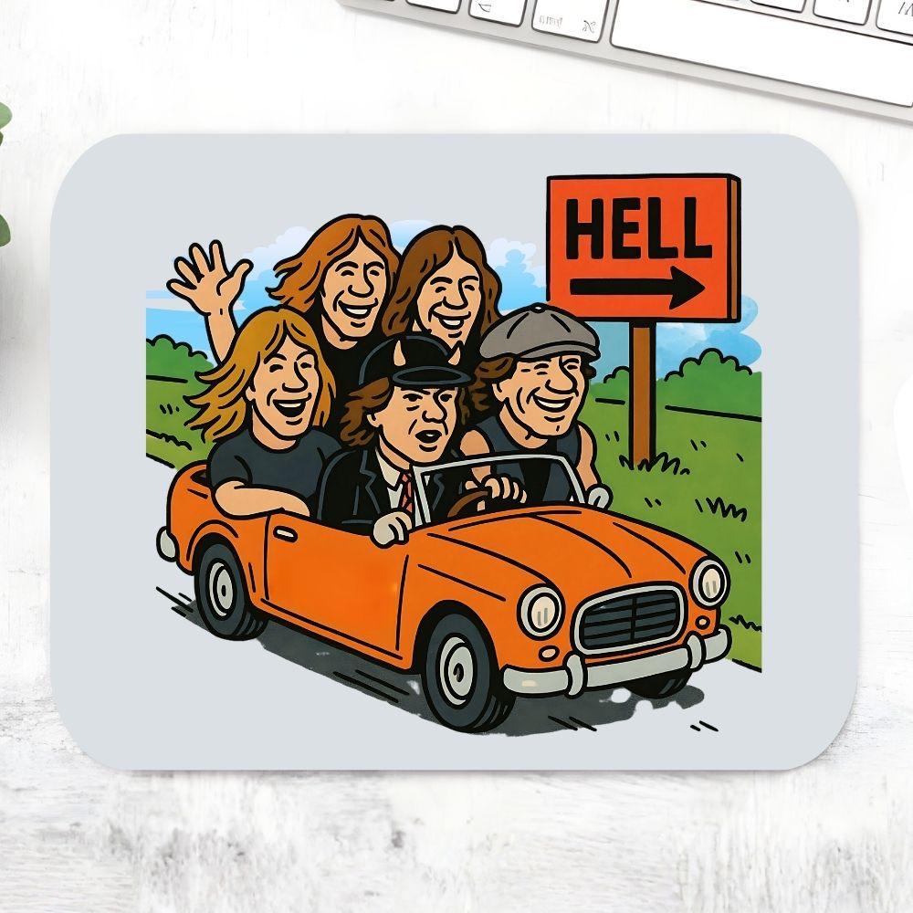 Mouse pad with cartoon illustration of people in an orange car and a 'Hell' sign on a white surface. Mousepad AC/DC The Banyan Tee