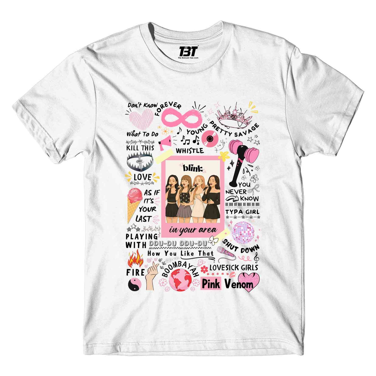 black pink blink t-shirt music band buy online india the banyan tee tbt men women girls boys unisex white song k pop jennie lisa jisoo rose