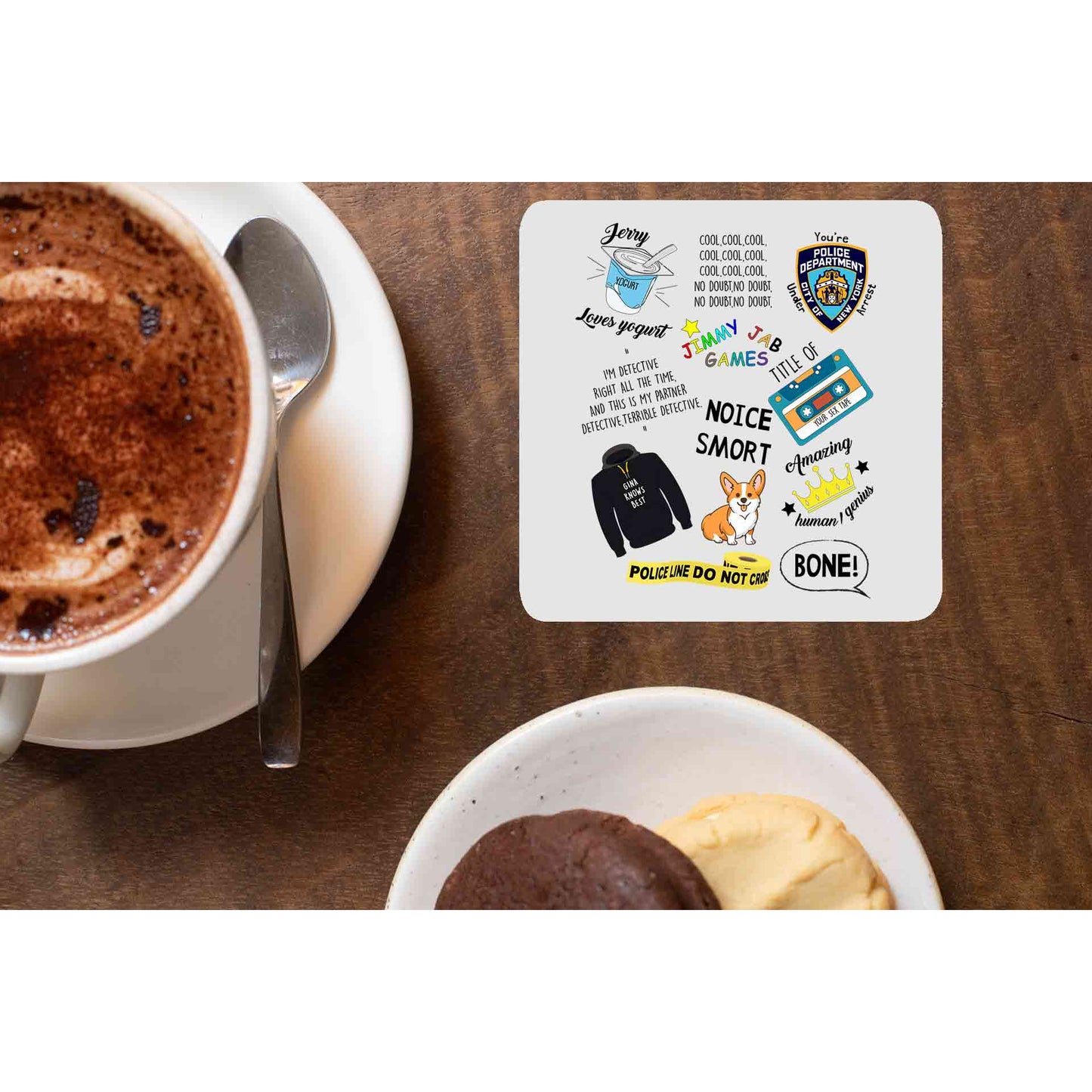 brooklyn nine-nine nine-nine doodle coasters wooden table cups indian buy online india the banyan tee tbt men women girls boys unisex detective jake peralta terry charles boyle gina linetti andy samberg merchandise clothing acceessories