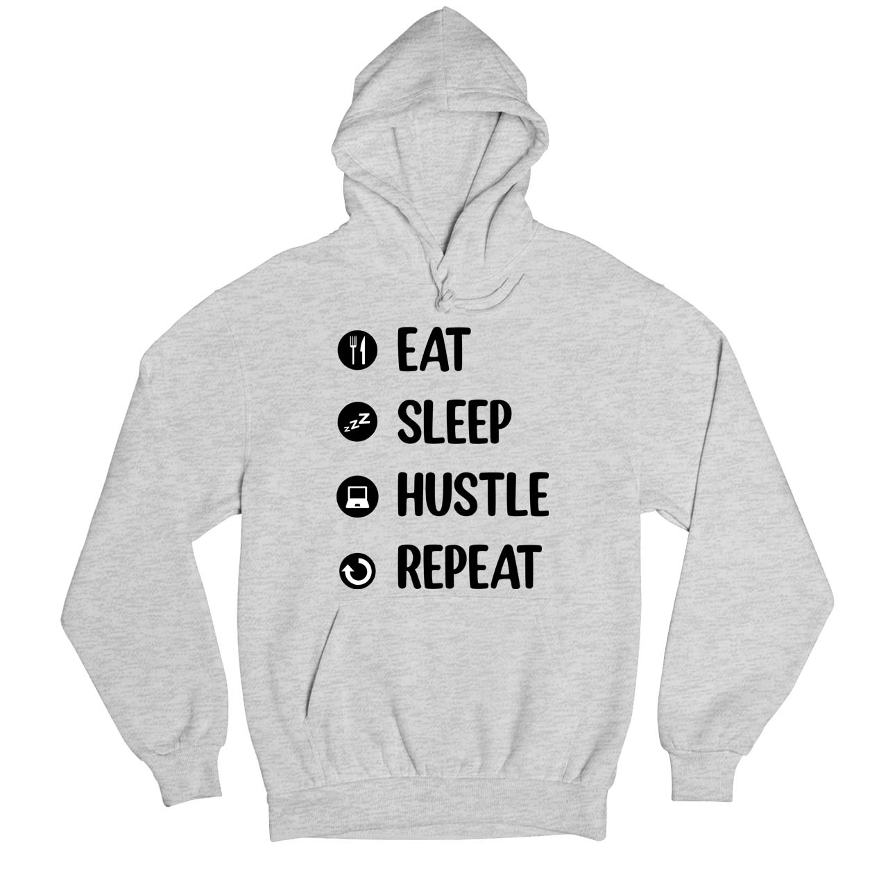 printed eat sleep hustle repeat hoodie hooded sweatshirt winterwear printed graphic stylish buy online india the banyan tee tbt men women girls boys unisex gray