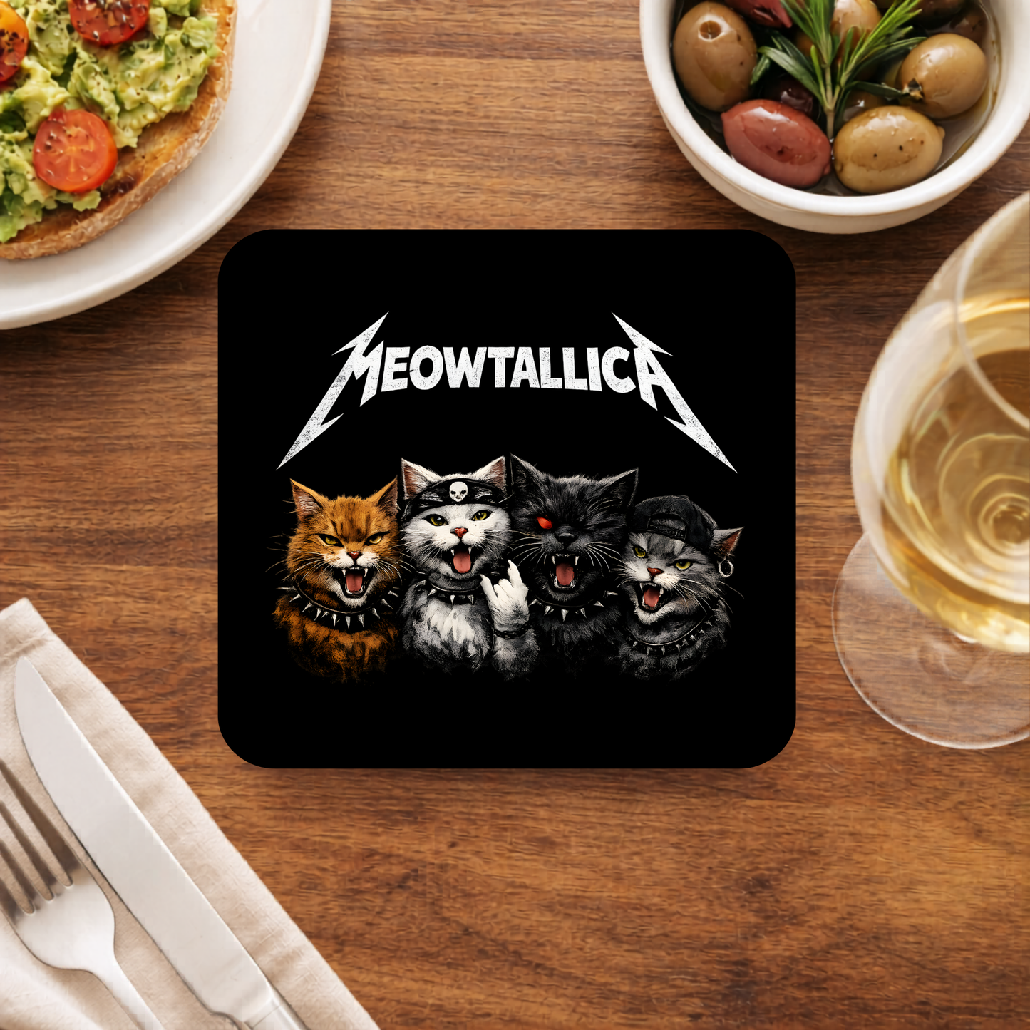 metallica meowtallica coasters wooden table cups indian music band buy online india the banyan tee tbt men women girls boys unisex