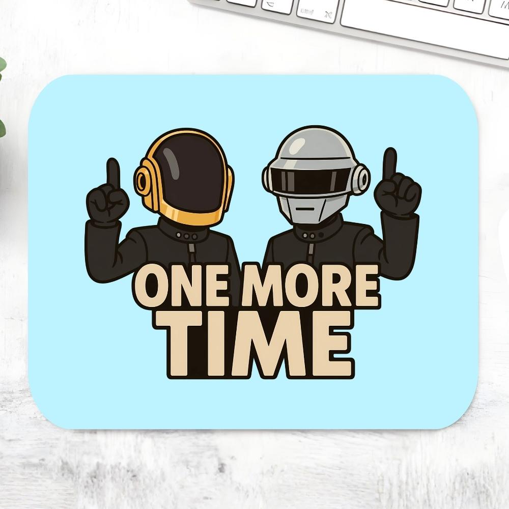 Mouse pad with cartoon characters in helmets and 'One More Time' text on a light blue background Daft Punk The Banyan Tee