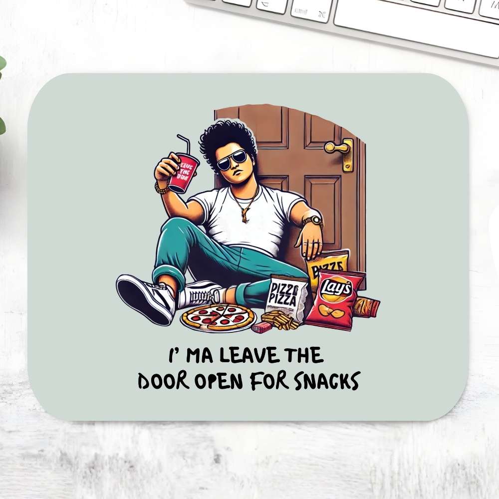 Illustration of a person sitting on a rug with snacks and drinks, text 'I'ma leave the door open for snacks' on a light green background. Bruno Mars Gift The Banyan Tee India