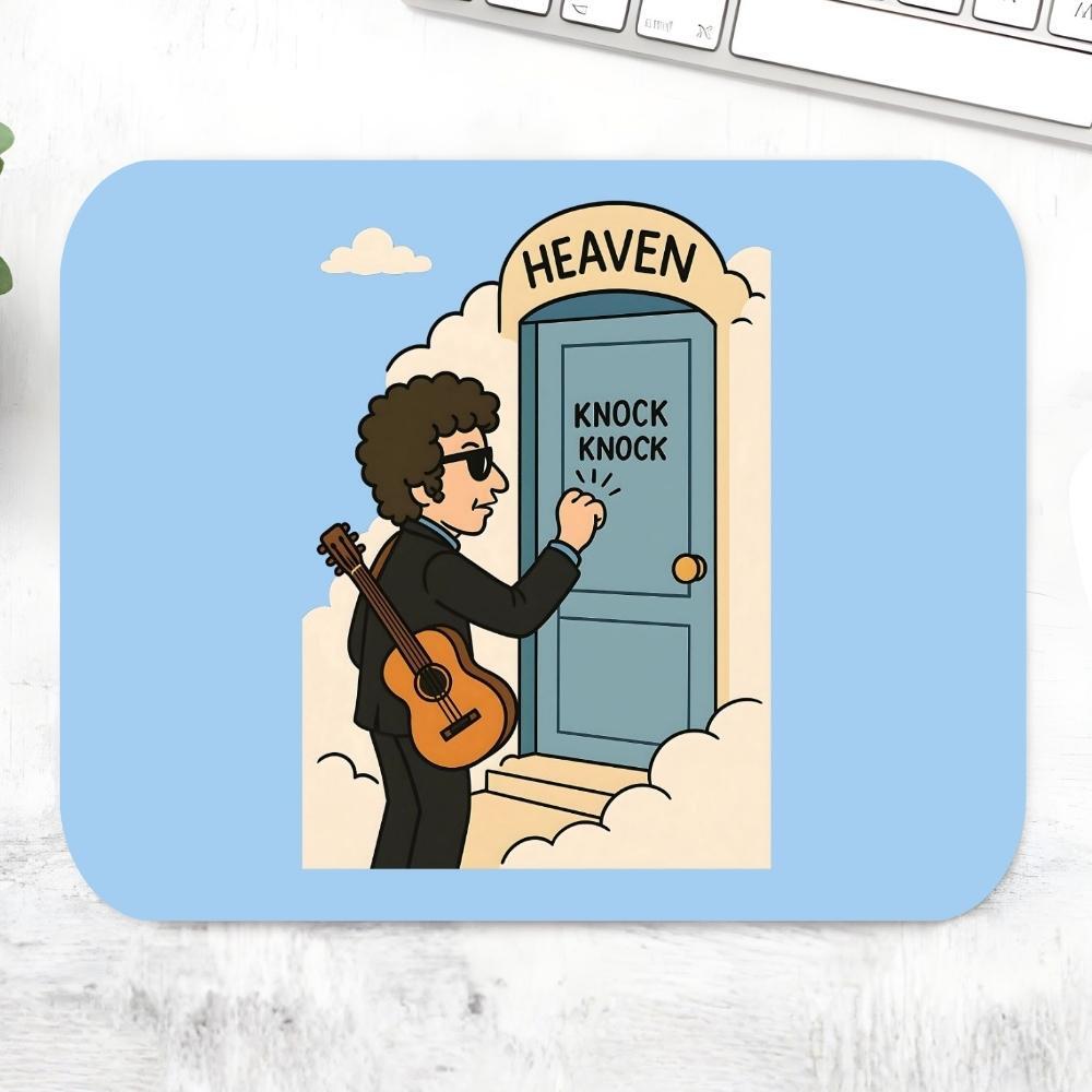 Mouse pad with a cartoon illustration of a person with a guitar knocking on a door labeled 'Heaven'. Bob Dylan