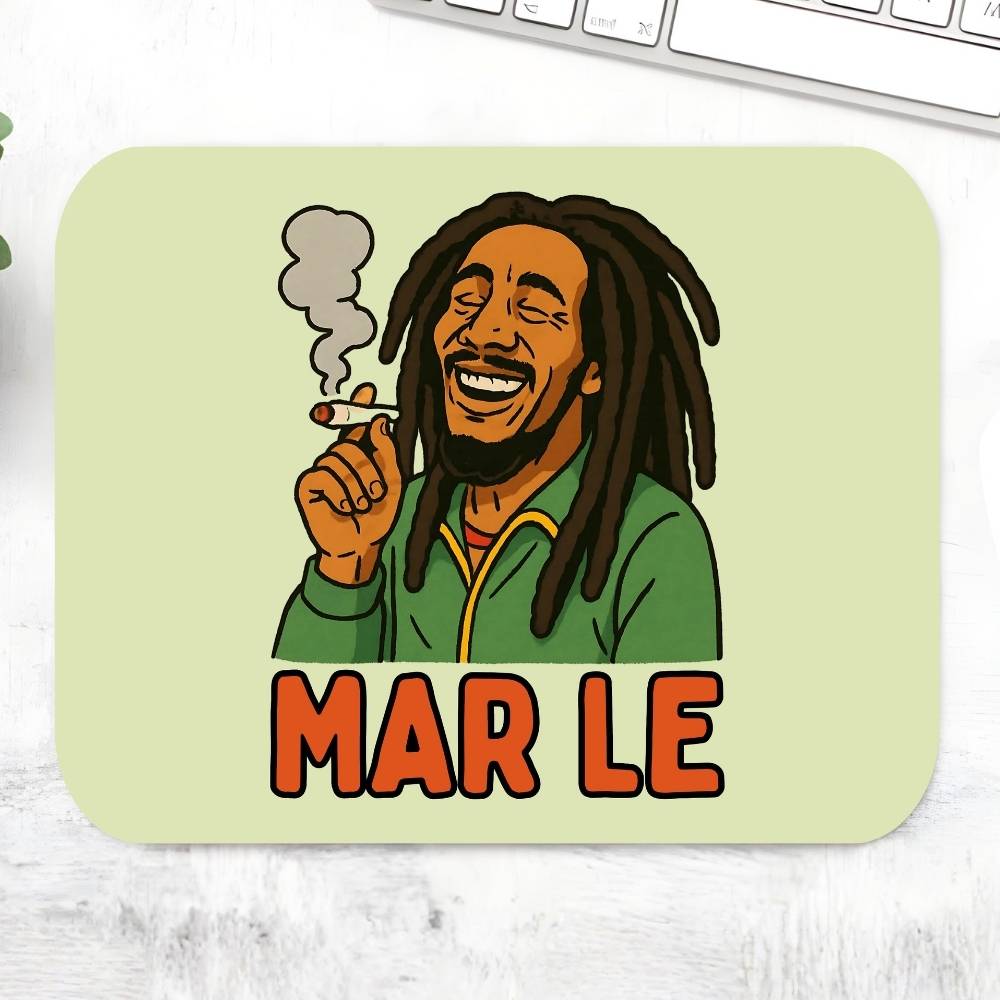 Mouse pad with a cartoon character holding a cigarette and 'MAR LE' text on a light green background. Bob Marley