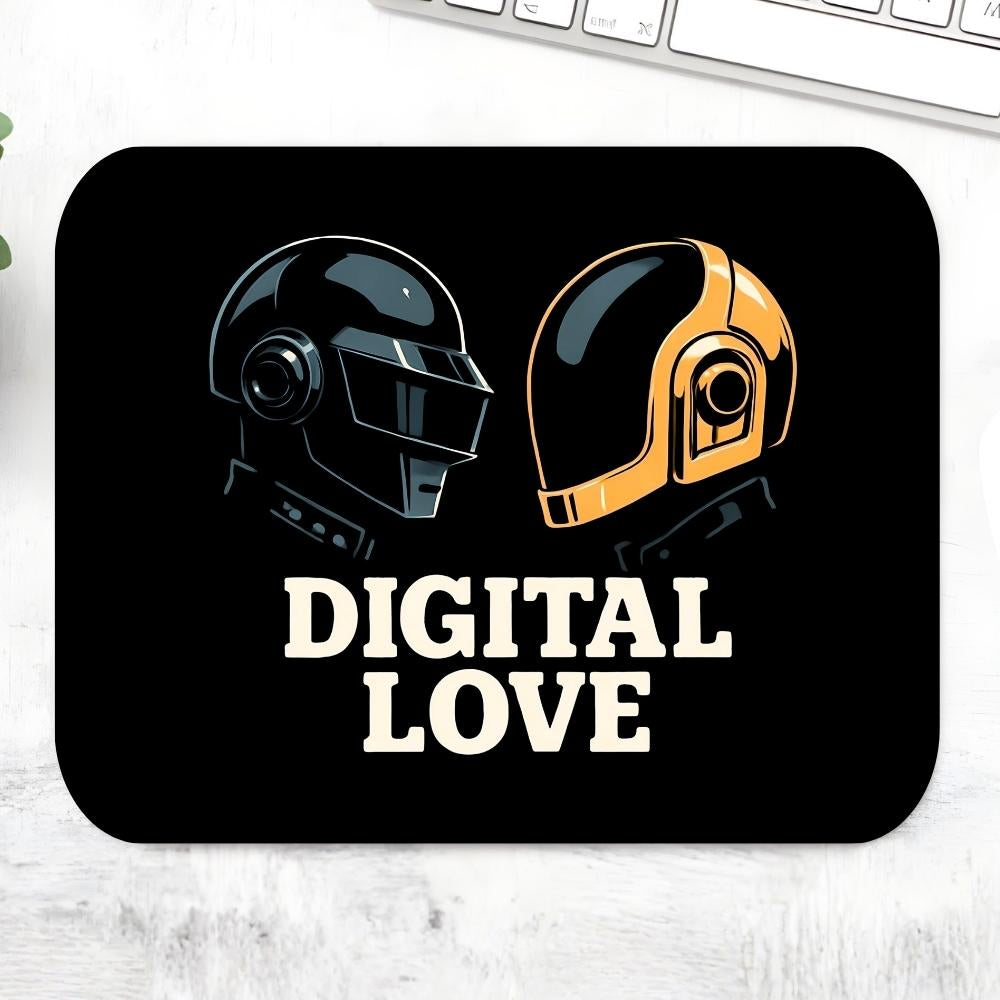 Mouse pad with two helmets and 'DIGITAL LOVE' text on a white surface Daft Punk
