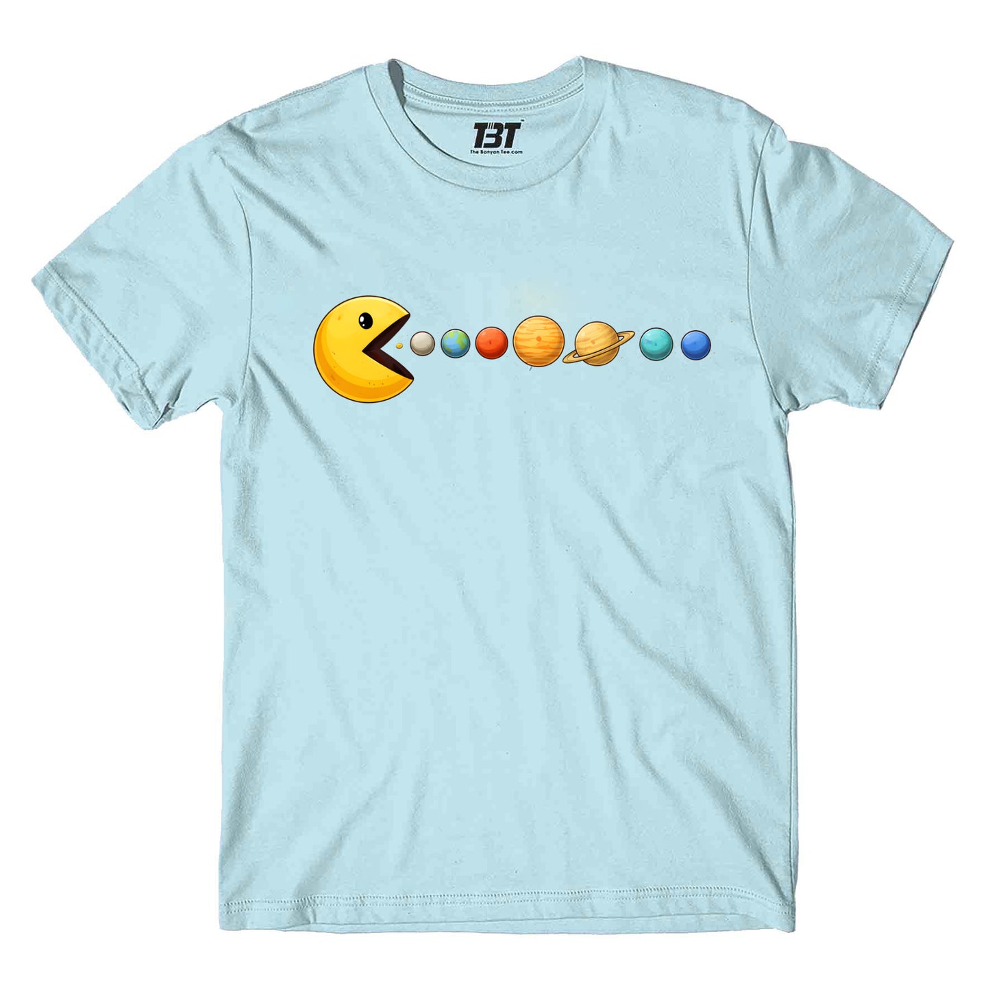 printed graphic pacman eating planets t-shirt printed graphic stylish buy online india the banyan tee tbt men women girls boys unisex baby blue