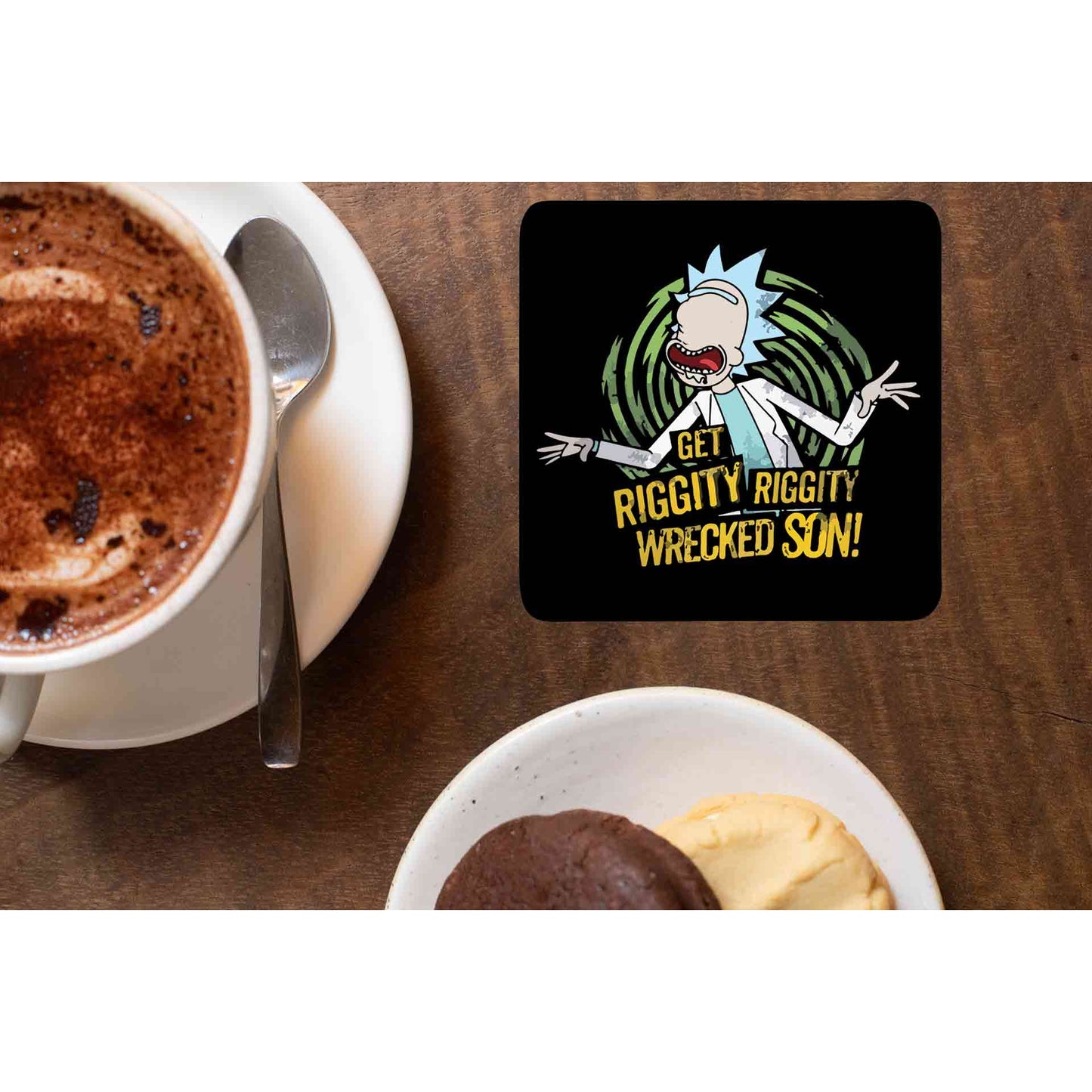 rick and morty riggity coasters wooden table cups indian buy online india the banyan tee tbt men women girls boys unisex rick and morty online summer beth mr meeseeks jerry quote vector art clothing accessories merchandise