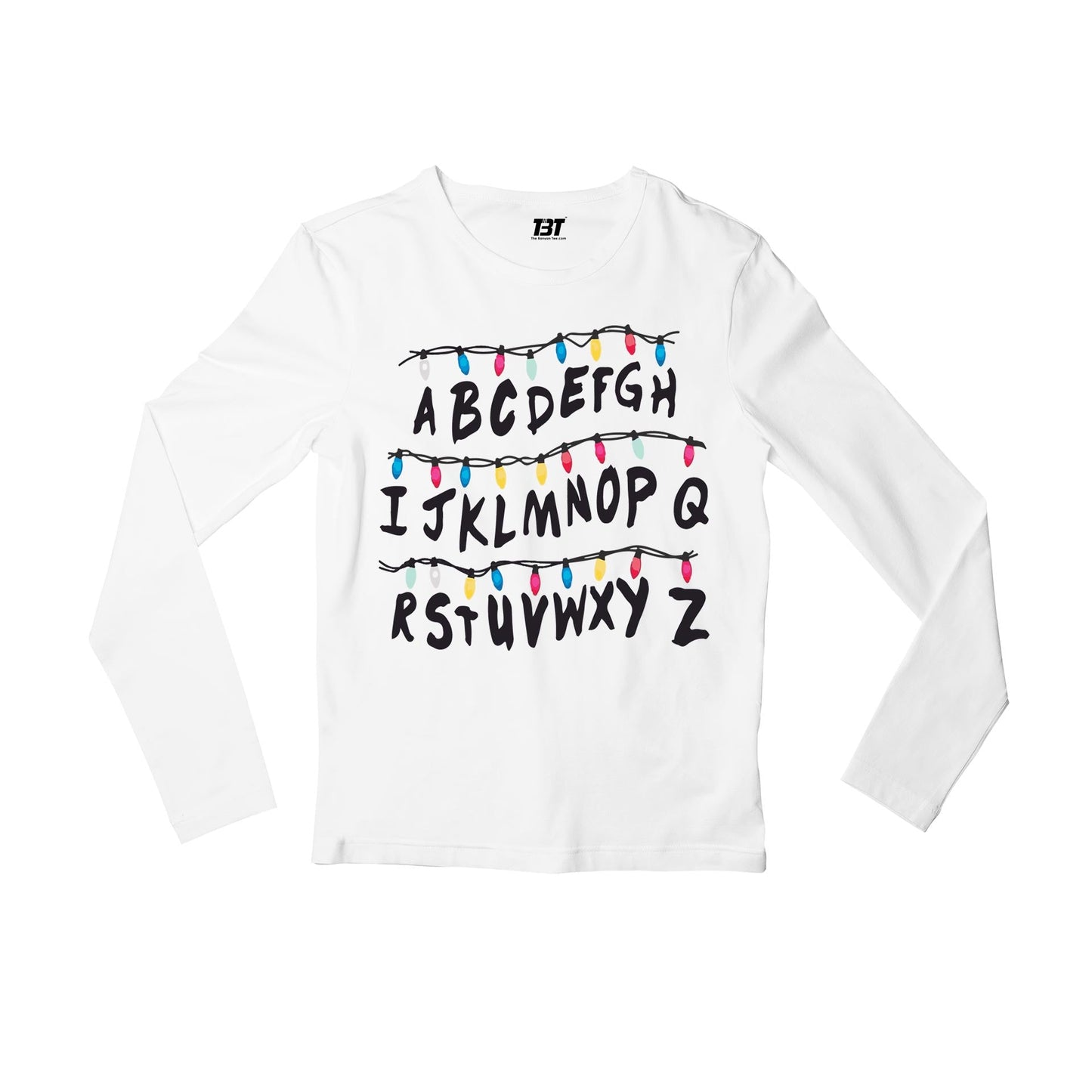 stranger things alphabet wall full sleeves long sleeves tv & movies buy online india the banyan tee tbt men women girls boys unisex white stranger things eleven demogorgon shadow monster dustin quote vector art clothing accessories merchandise