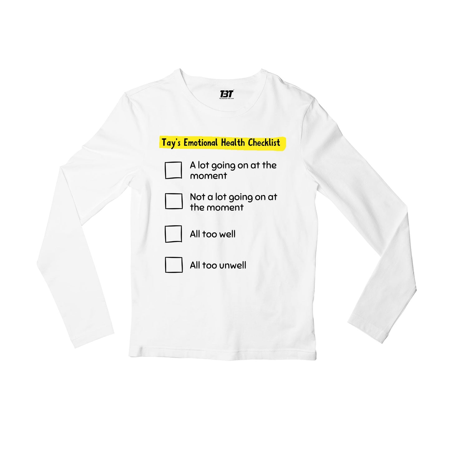 taylor swift tay's emotional health checklist full sleeves long sleeves music band buy online india the banyan tee tbt men women girls boys unisex white