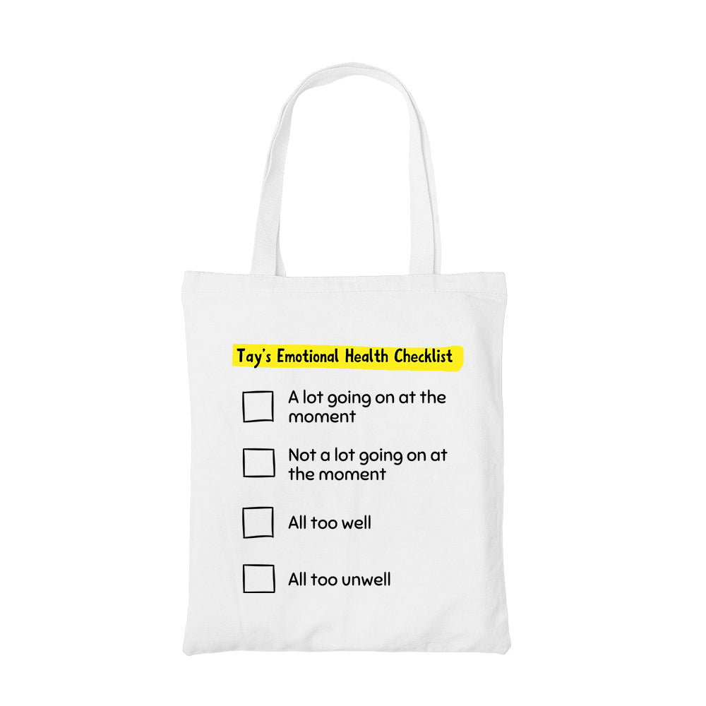taylor swift tay's emotional health checklist tote bag cotton printed music band buy online india the banyan tee tbt men women girls boys unisex
