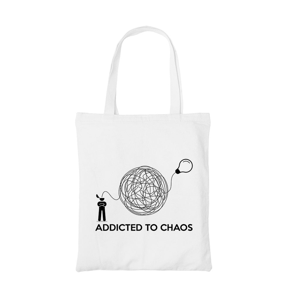 printed addicted to chaos tote bag cotton printed printed graphic stylish buy online india the banyan tee tbt men women girls boys unisex