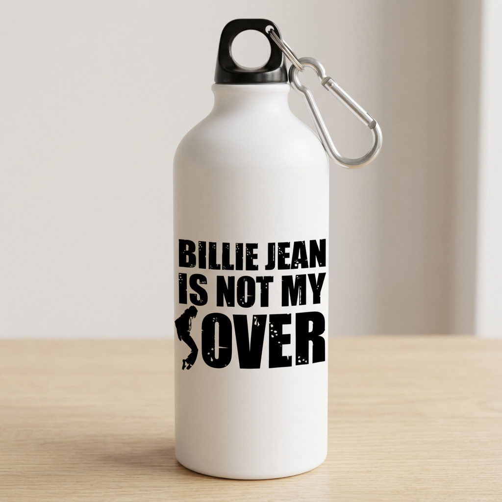 Close-up of white metal sipper bottle standing upright on a light surface showing printed artwork