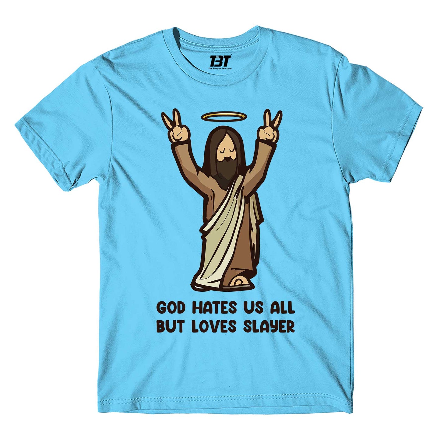 slayer god loves slayer t-shirt music band buy online india the banyan tee tbt men women girls boys unisex sky blue