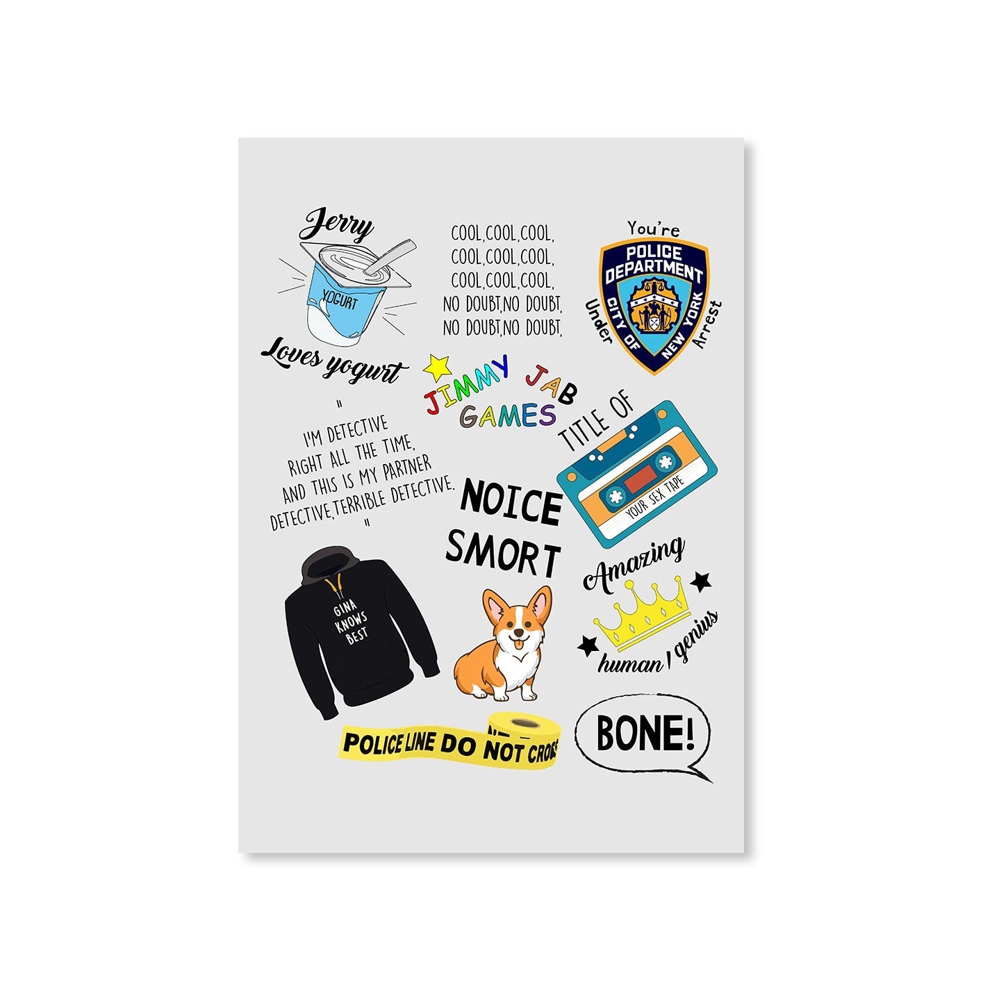 brooklyn nine-nine nine-nine doodle poster wall art buy online india the banyan tee tbt a4 detective jake peralta terry charles boyle gina linetti andy samberg merchandise clothing acceessories