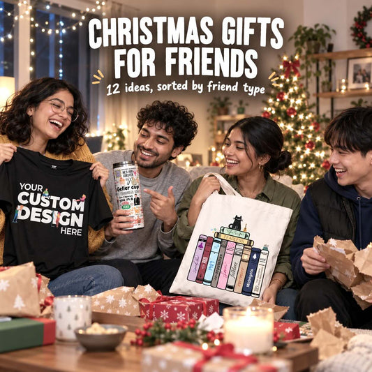Four friends exchanging fan merch and custom Christmas gifts at a December get-together