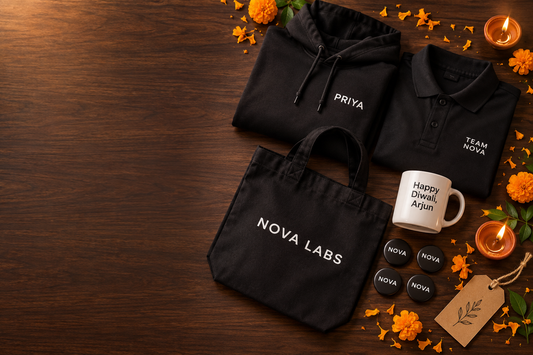 Personalised hoodie, polo, tote, mug and badges laid out for Diwali corporate gifting