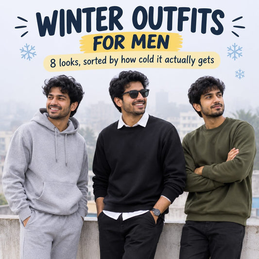Three men in winter outfits: grey hoodie with joggers, black sweatshirt over a collared shirt, and olive sweatshirt with black jeans