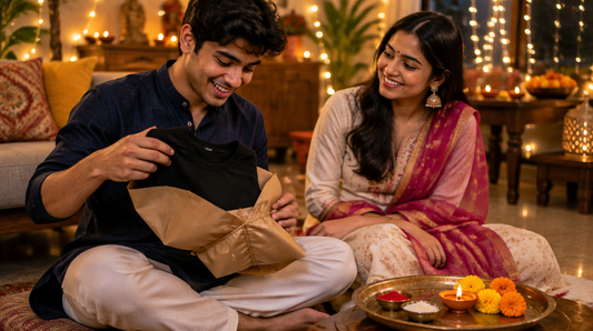 Brother unwrapping a black t-shirt gift from his sister on Bhai Dooj evening, with a tika thali and diyas beside them