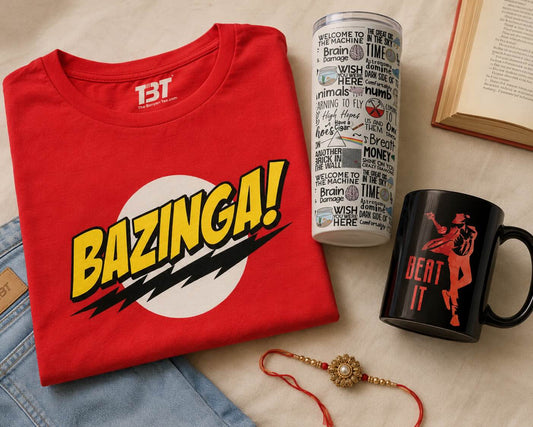Unique Rakhi gifts for brother — fandom graphic tees, tumbler and mug from The Banyan Tee