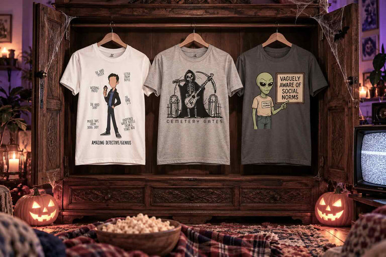 Halloween fan tees hanging in a spooky wardrobe with jack-o'-lanterns: Amazing Detective, Cemetery Gates and Vaguely Aware Of Social Norms tees