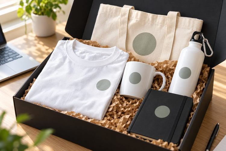 Corporate gift box with logo-printed t-shirt, mug, sipper, tote bag and notebook on an office desk