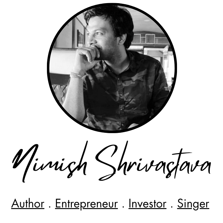 Book titled 'Compounding Secrets' on a desk with a laptop and mug, featuring Nimish Shrivastava's name.