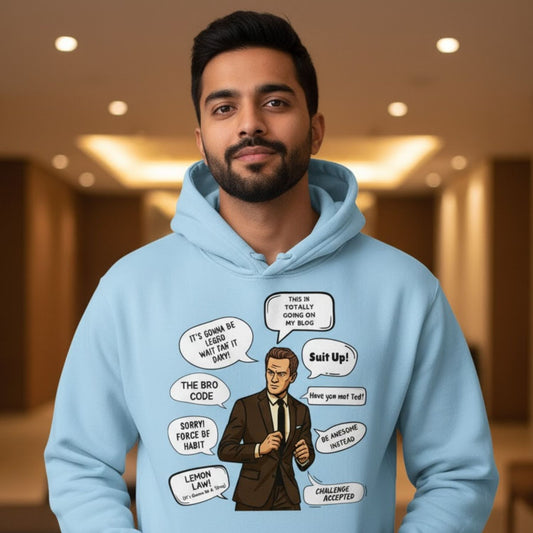 Man wearing a light blue hoodie with graphic design and text bubbles. Barney How I Met Your Mother
