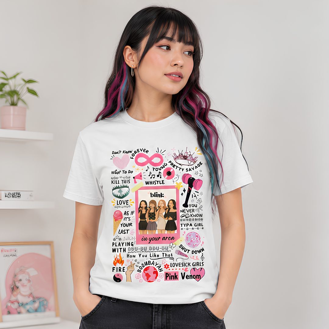 black pink blink t-shirt music band buy online india the banyan tee tbt men women girls boys unisex white song k pop jennie lisa jisoo rose
