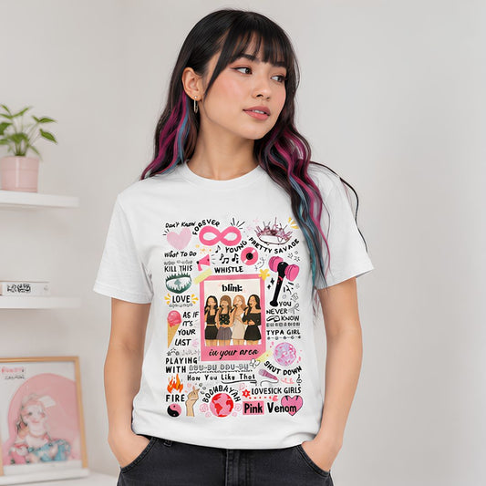 black pink blink t-shirt music band buy online india the banyan tee tbt men women girls boys unisex white song k pop jennie lisa jisoo rose