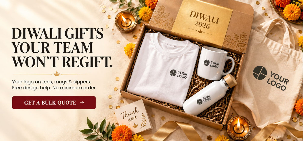 Diwali gifts your team won't regift. Custom logo tees, mugs and sippers for corporate gifting