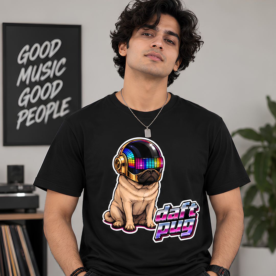 Daft Punk “Daft Pug” t-shirt, worn by a model