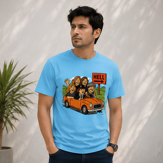 Man wearing a blue t-shirt with a graphic design of a car and people, standing against a plain background. AC/DC t-shirt The Banyan Tee India