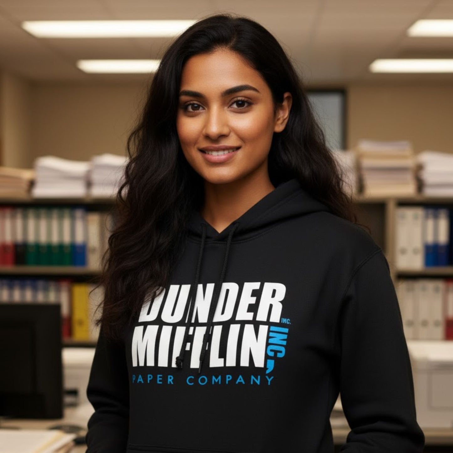 Person wearing a black hoodie with 'Dunder Mifflin, Inc' text in an office setting