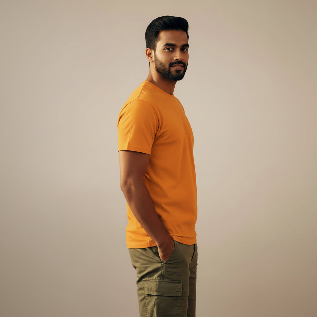 Man wearing a bright orange t-shirt and green pants against a beige background