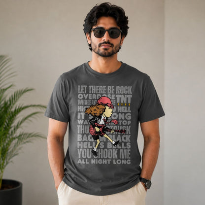 Man wearing a dark gray t-shirt with graphic design and text, standing against a plain background. AC/DC t-shirt The Banyan Tee India