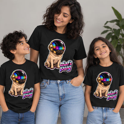 Daft Punk “Daft Pug” t-shirt, matching tees worn by an adult and two kids