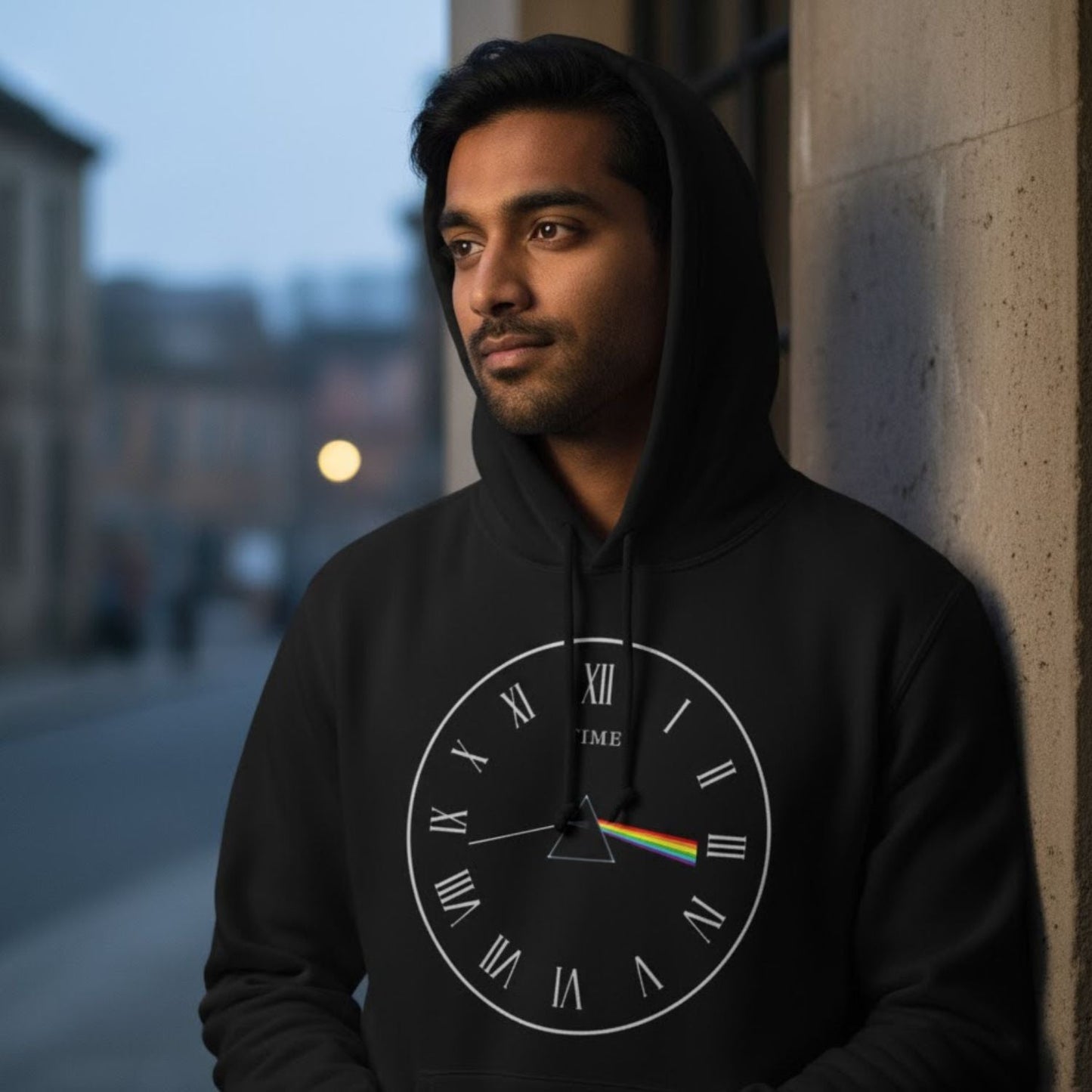 Man wearing a black hoodie with a clock design leaning against a wall. The Banyan Tee Pink Floyd Time Hoodie.