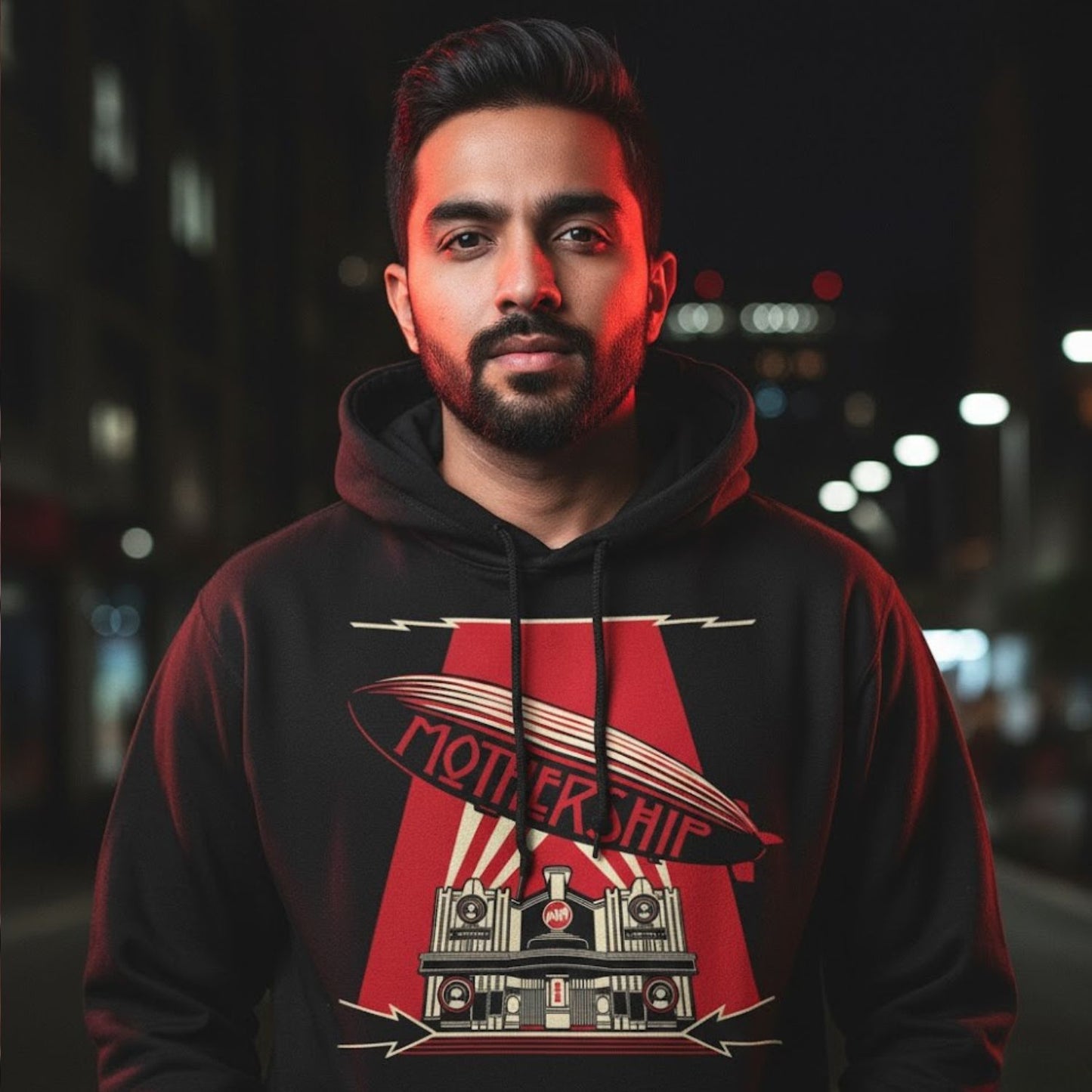 Man wearing a hoodie with a graphic design on a dark background. The Banyan Tee Led Zeppelin Mothership Hoodie.