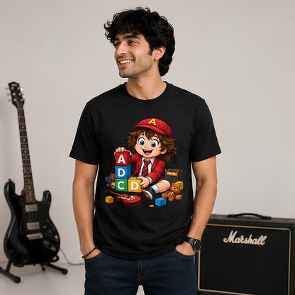 Man wearing a black t-shirt with a cartoon character design, standing in front of a Marshall amplifier and guitar. AC/DC t-shirt The Banyan Tee India