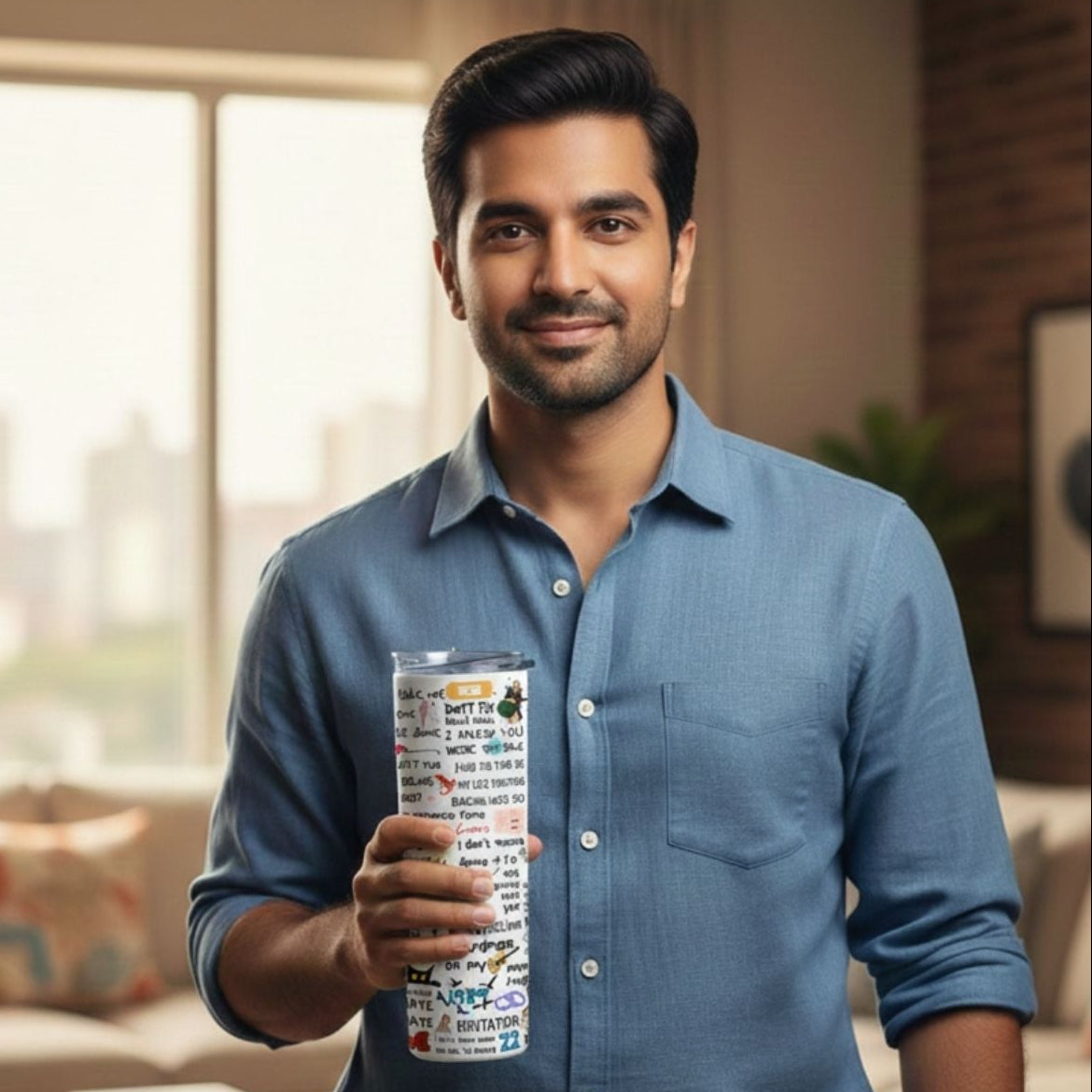Man holding a Taylor Swift Tumbler Glass Bottle with a cityscape view in a living room