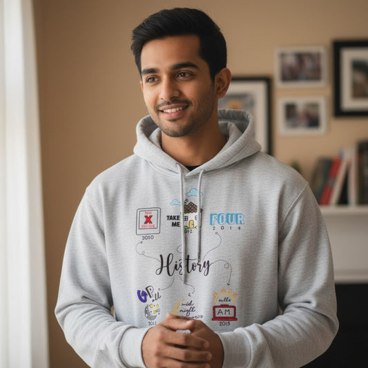 Man wearing a gray hoodie with text and graphics, standing indoors. The Banyan Tee One Direction History Hoodie.