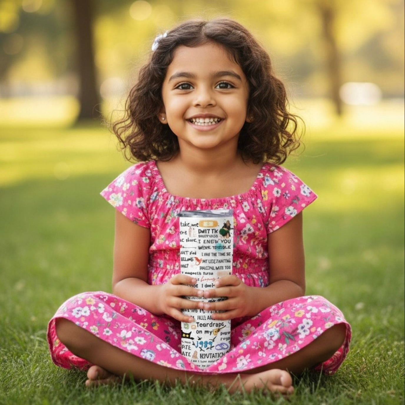 Young girl in a pink floral dress sitting on grass holding a Taylor Swift TUmbler Bottle.
