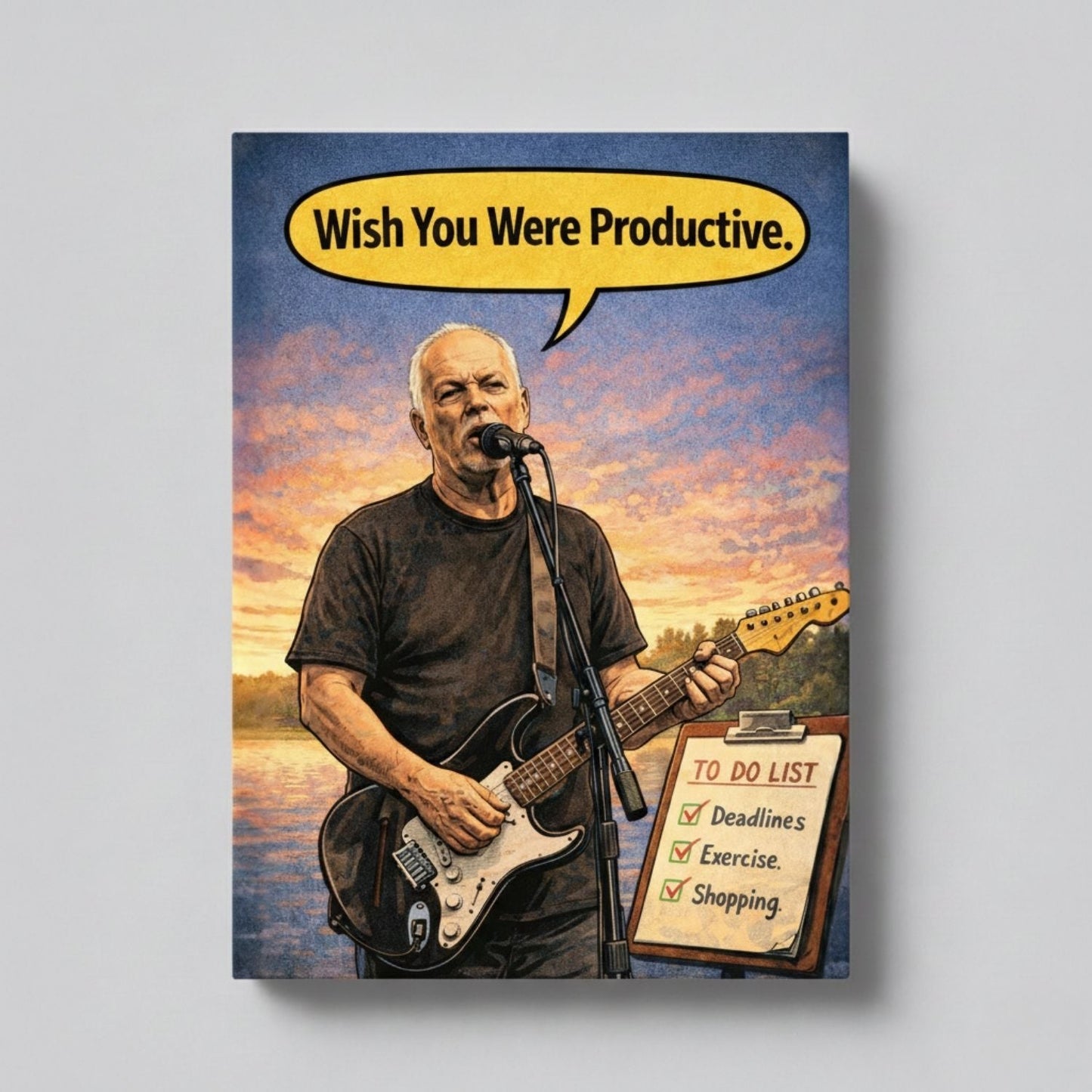 Man playing guitar with a speech bubble saying 'Wish You Were Productive' against a sunset background.