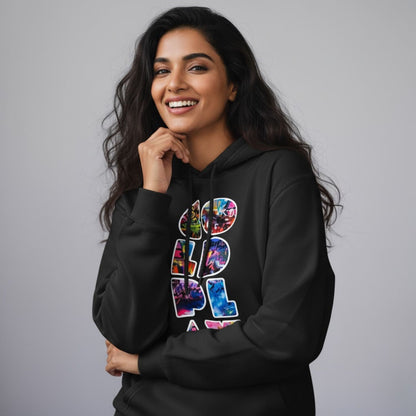 Woman wearing a black hoodie with colorful text design on a gray background