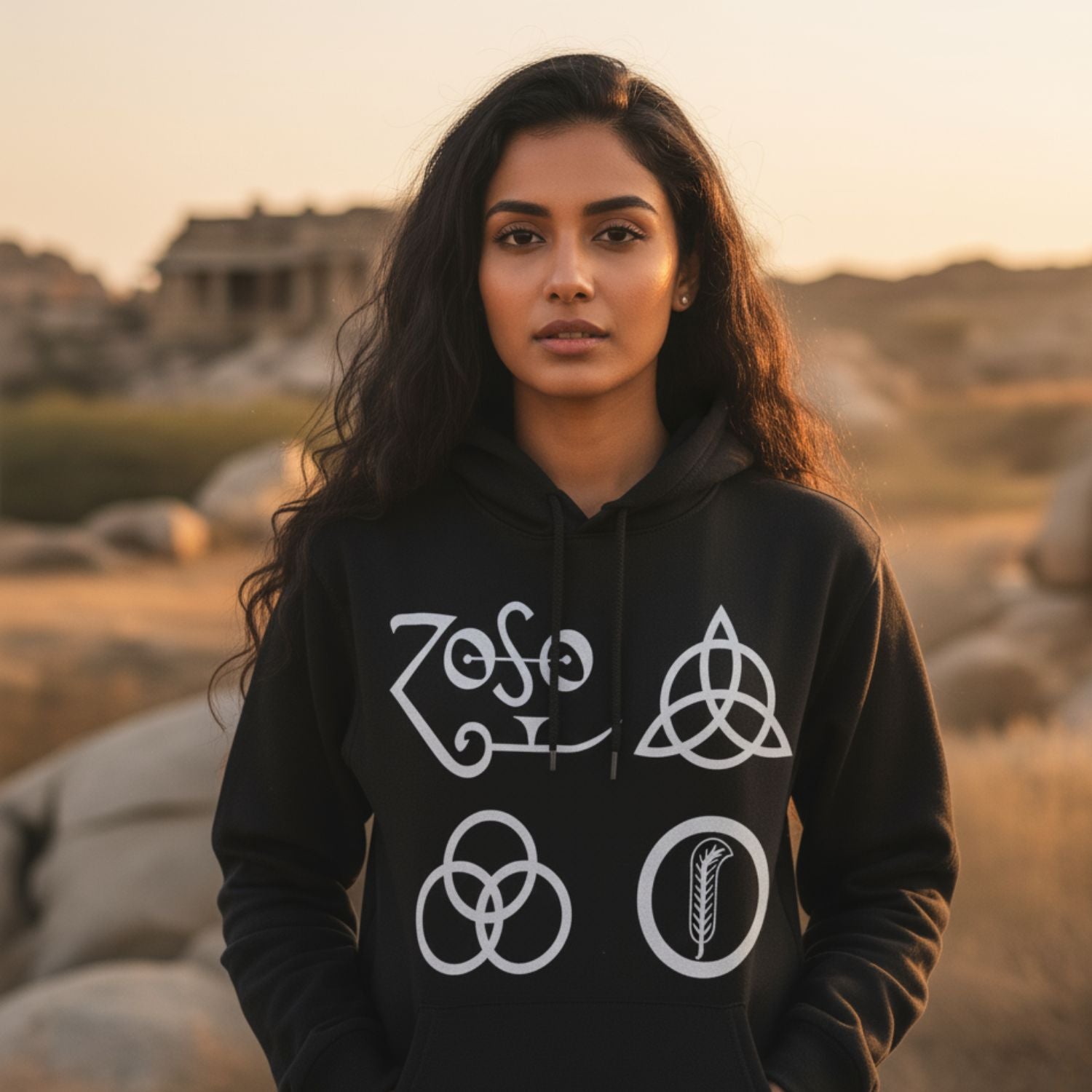 Woman wearing a black hoodie with white symbols in a desert landscape. Led Zeppelin Symbols Zoso Hoodie Hooded Sweatshirt The Banyan Tee TBT
