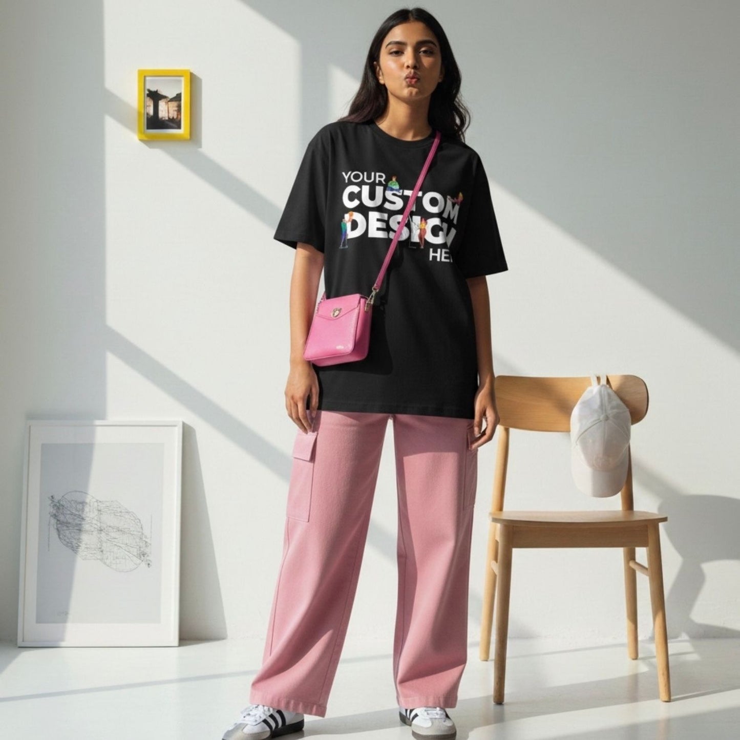 Person wearing a black t-shirt with customizable text design, pink pants, and a pink bag in a bright room.
