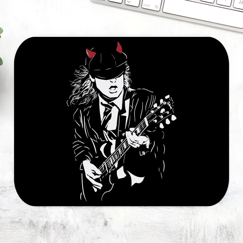 Mouse pad with a graphic of a person playing guitar on a black background Mousepad AC/DC The Banyan Tee