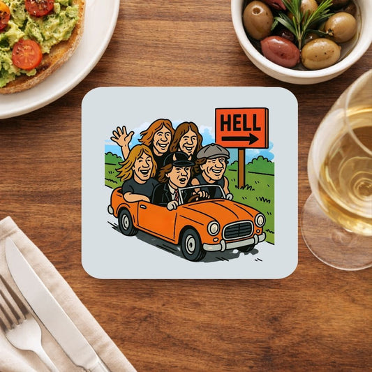 Coaster with a cartoon design of people in a car near a 'Hell' sign on a dining table with food and drink. AC/DC coaster The Banyan Tee
