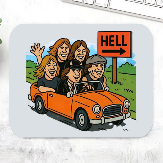 Mouse pad with cartoon illustration of people in an orange car and a 'Hell' sign on a white surface. Mousepad AC/DC The Banyan Tee